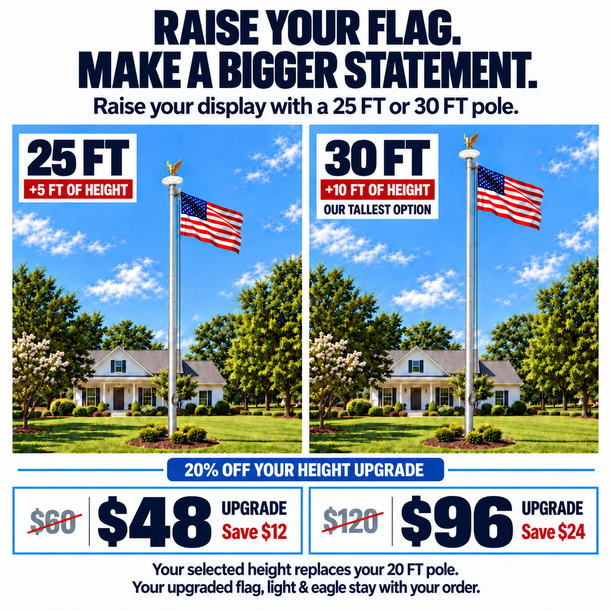 20 ft Silver Flagpole Height Upgrade — 25 ft or 30 ft