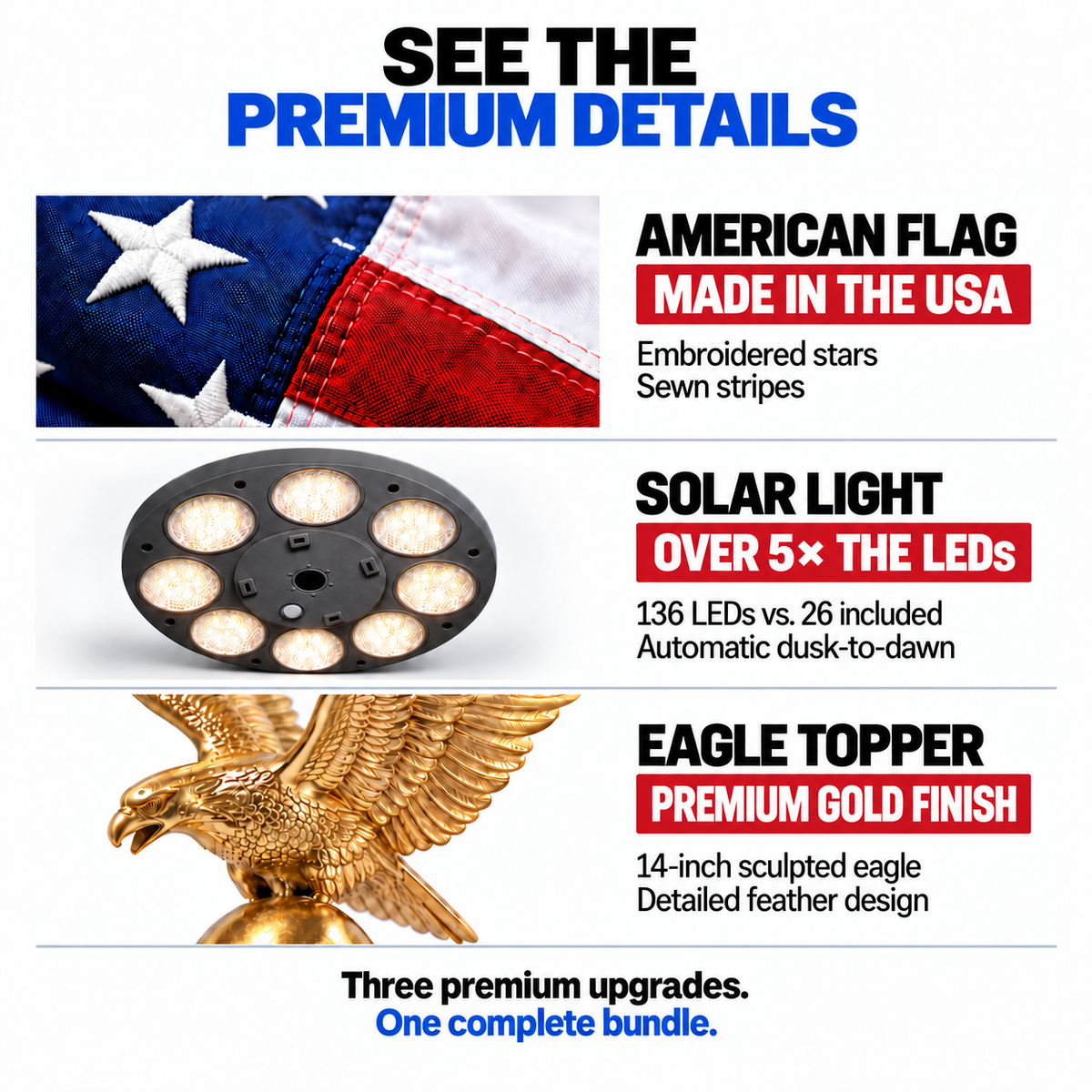 Black Telescopic Flagpole Upgrade Bundle — American Flag, Solar Light & Eagle Topper