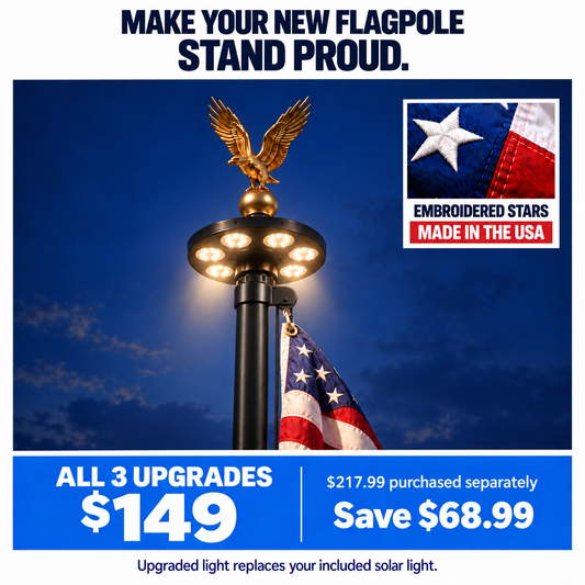 Black Sectional Flagpole Upgrade Bundle — American Flag, Solar Light & Eagle Topper