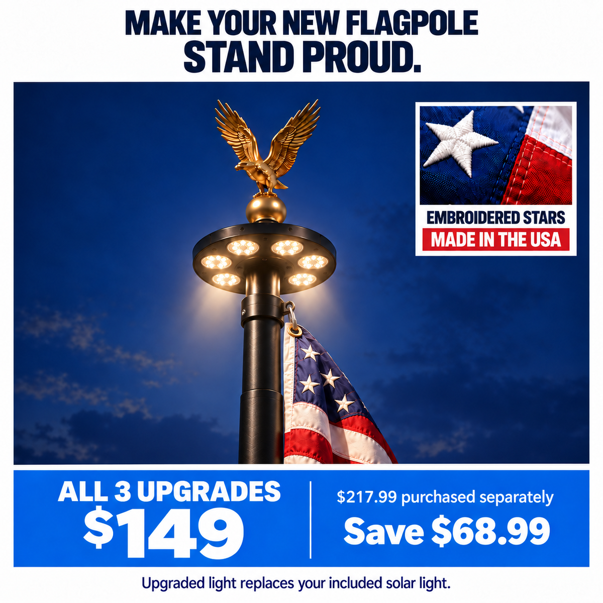 Black Telescopic Flagpole Upgrade Bundle — American Flag, Solar Light & Eagle Topper