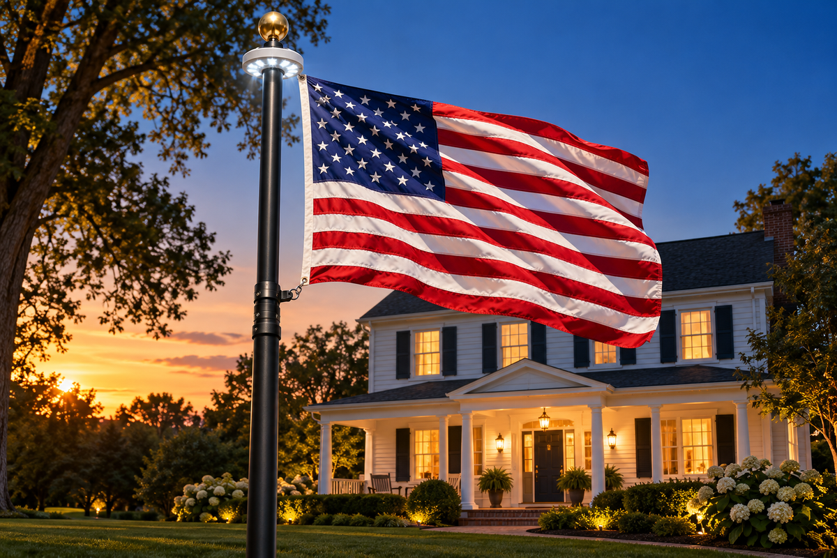 An American flag flying on a BlackForge flagpole beside a home