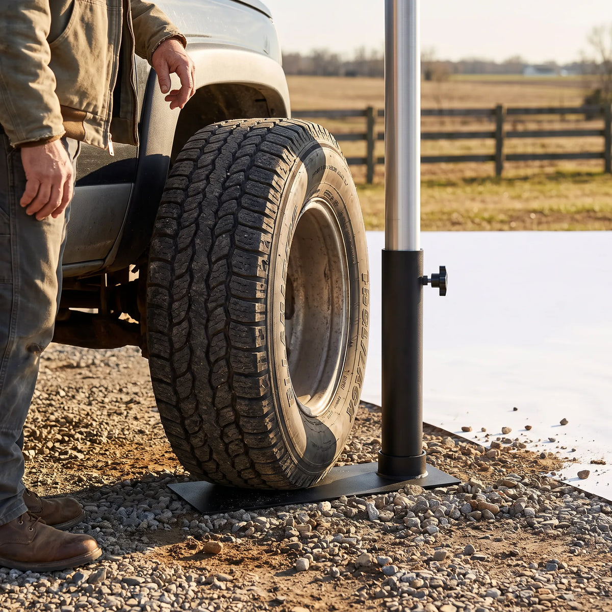 Portable Tire Mount Flagpole Base — No-Dig Drive-On Stand for Telescoping Poles