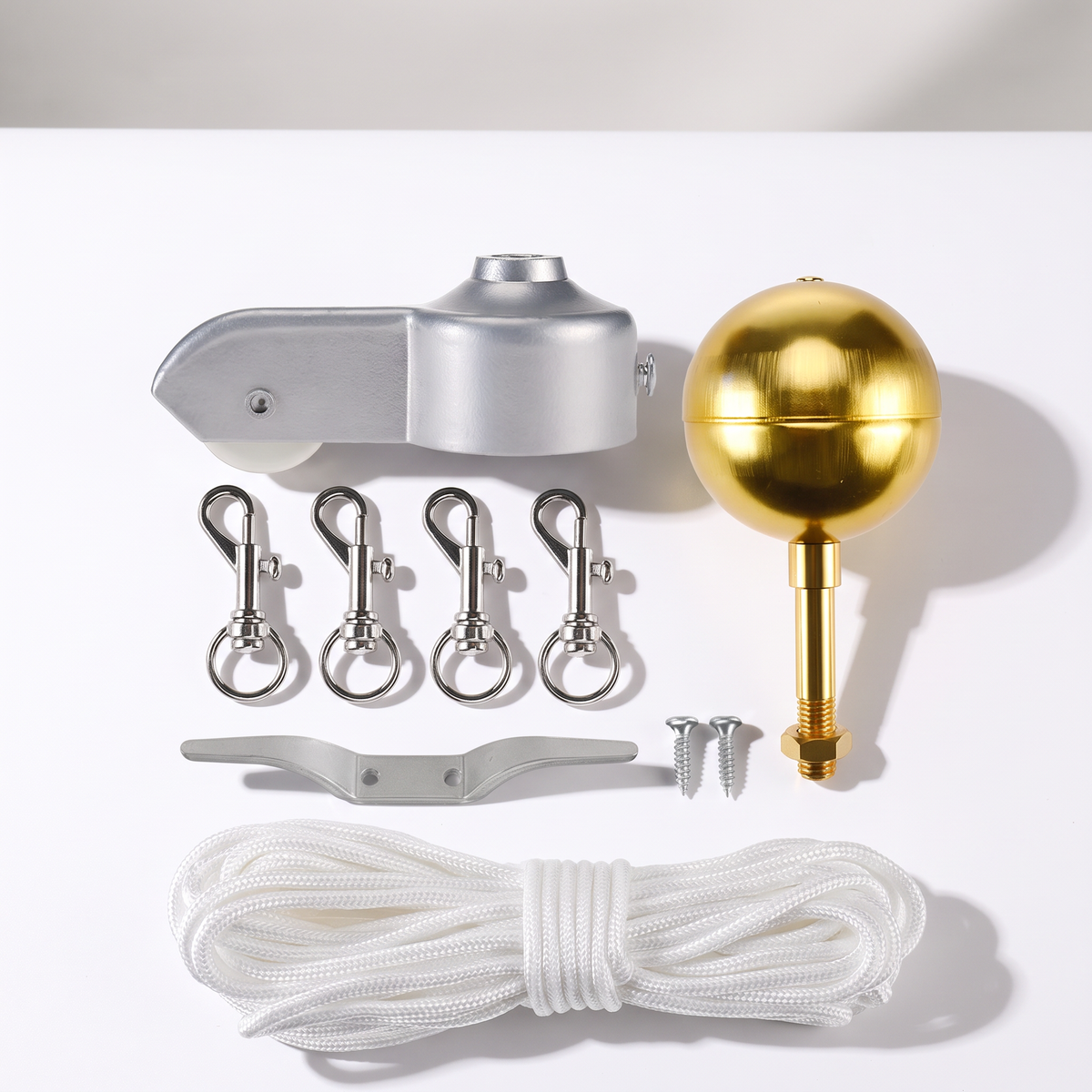 Complete Flagpole Repair Kit — 3" Gold Ball Topper, Pulley Truck, Cleat & Halyard