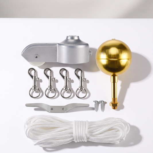 Complete Flagpole Repair Kit — 3" Gold Ball Topper, Pulley Truck, Cleat & Halyard