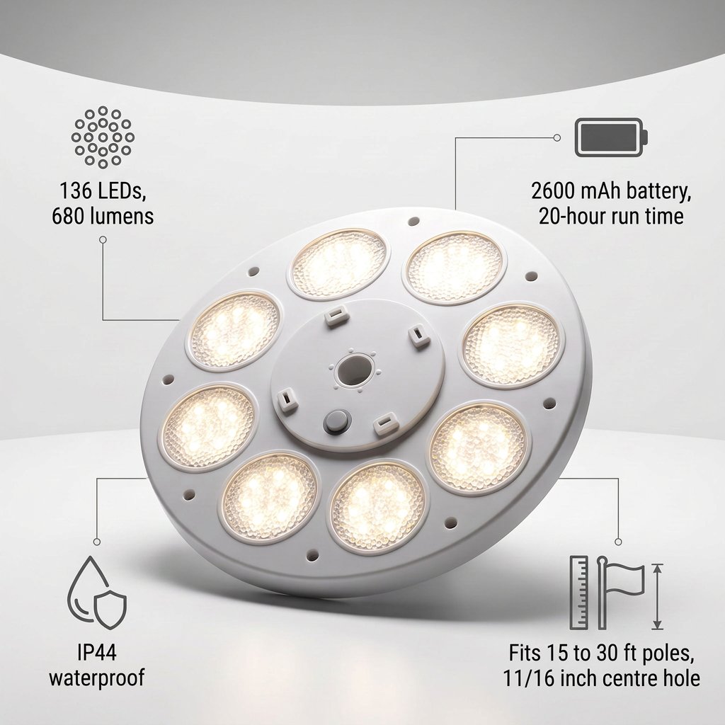 Solar Flagpole Light — 136 LED, 680 Lumen, Dusk-to-Dawn